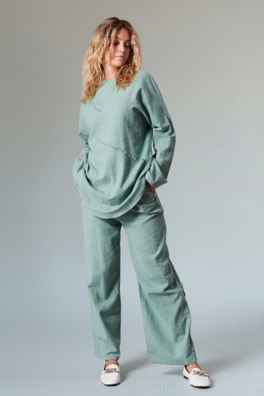 Criss-Cross Cotton Linen Shirt and Pant Set Teal Green