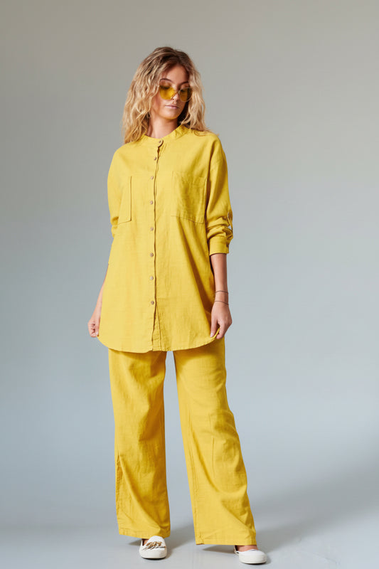 Linen Cotton Shirt and Pant Set with Pockets Yellow