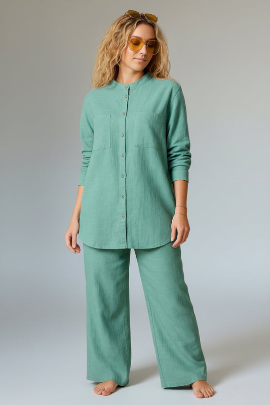 Linen Cotton Shirt and Pant Set with Pockets Sage Green