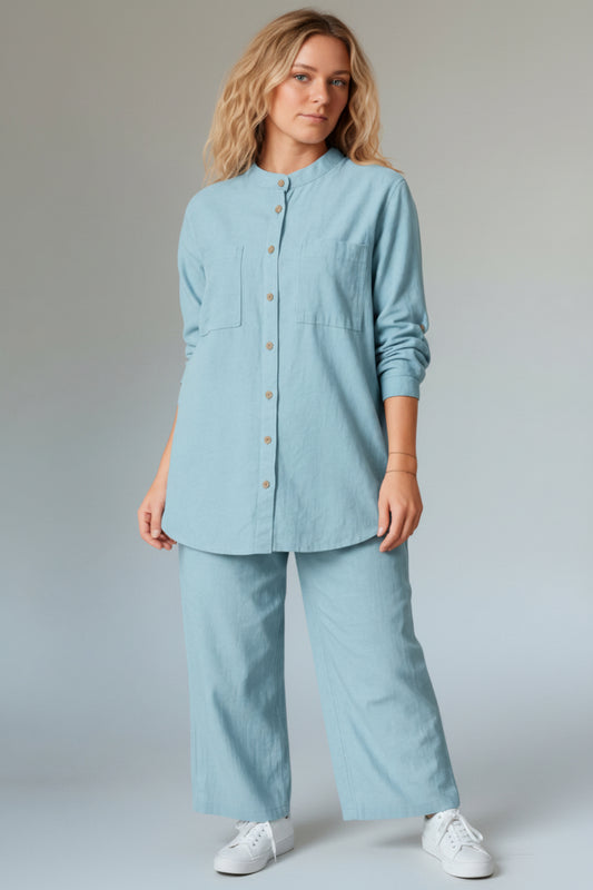 Linen Cotton Shirt and Pant Set with Pockets Light Blue